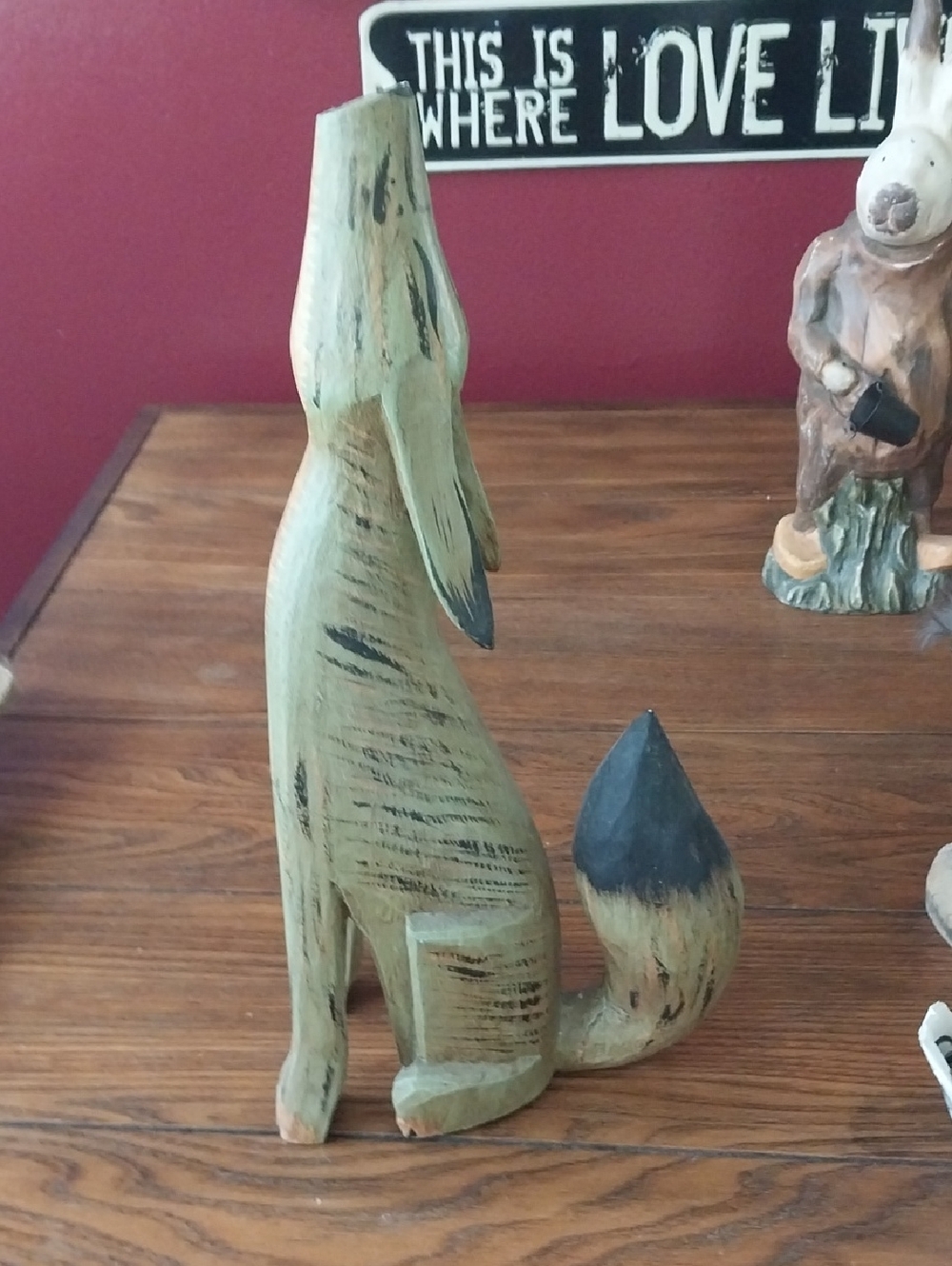 Howling Coyote Hand-Painted Wooden Sculpture